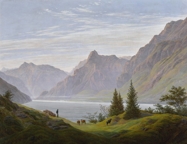 Caspar David Friedrich, Landschaft mit Gebirgssee, Morgen